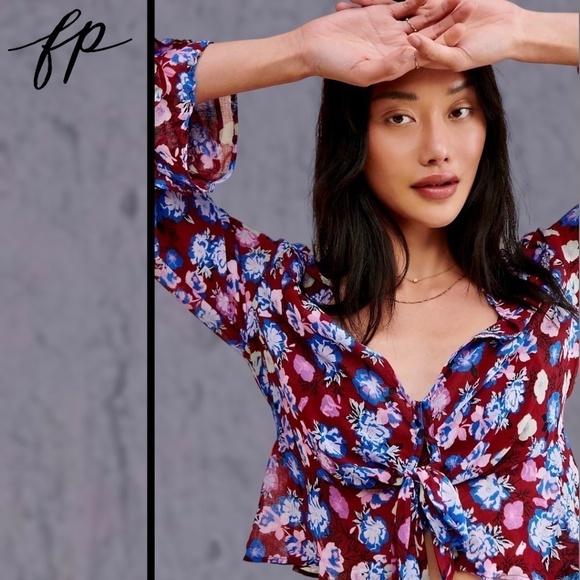 FREE PEOPLE NWT Maybel Tie Front Long Bell Sleeve Semi-Sheer Ruffle Blouse/Md - Picture 7 of 16